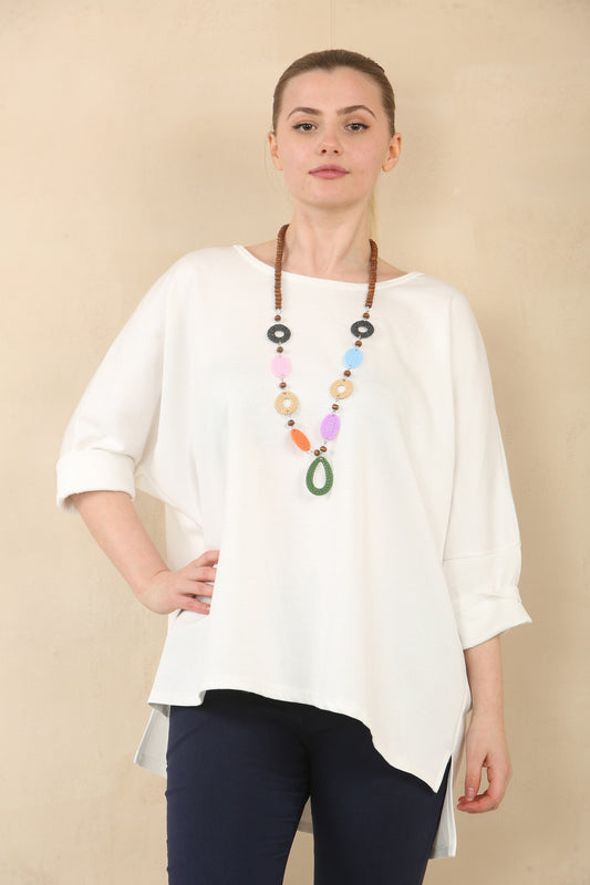PLAIN 3/4 SLEEVE BATWING TOP WITH NECKLACE - WHITE