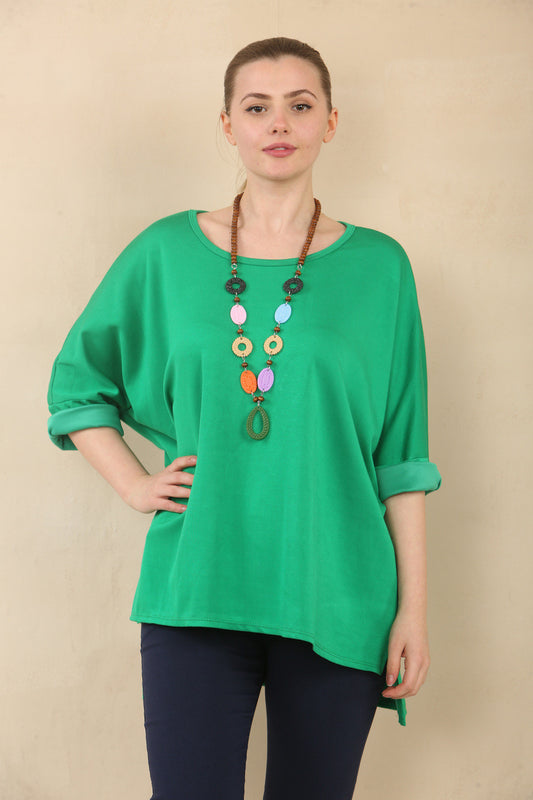 PLAIN 3/4 SLEEVE BATWING TOP WITH NECKLACE - GREEN