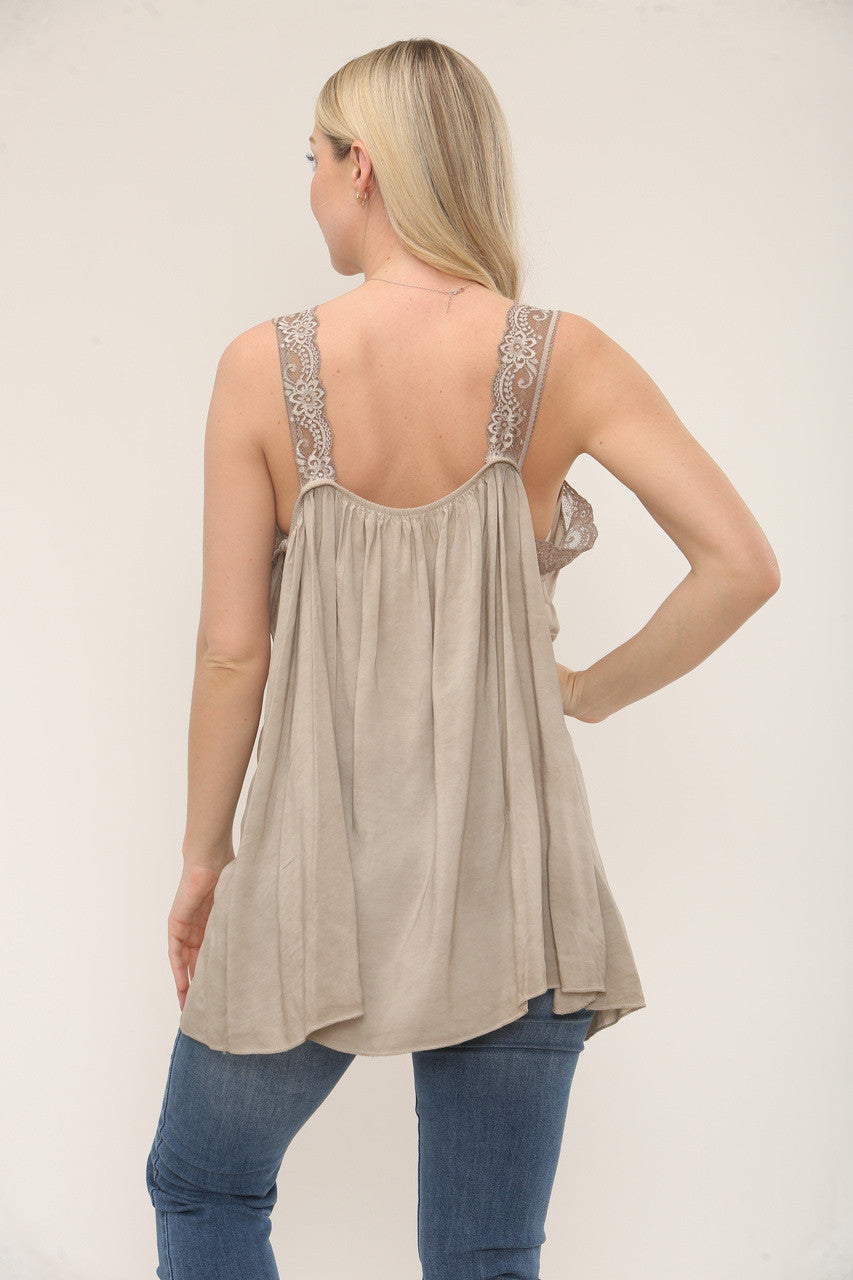 MOUWLOZE KANTEN TOP MET V-HALS - NATUREL TAUPE