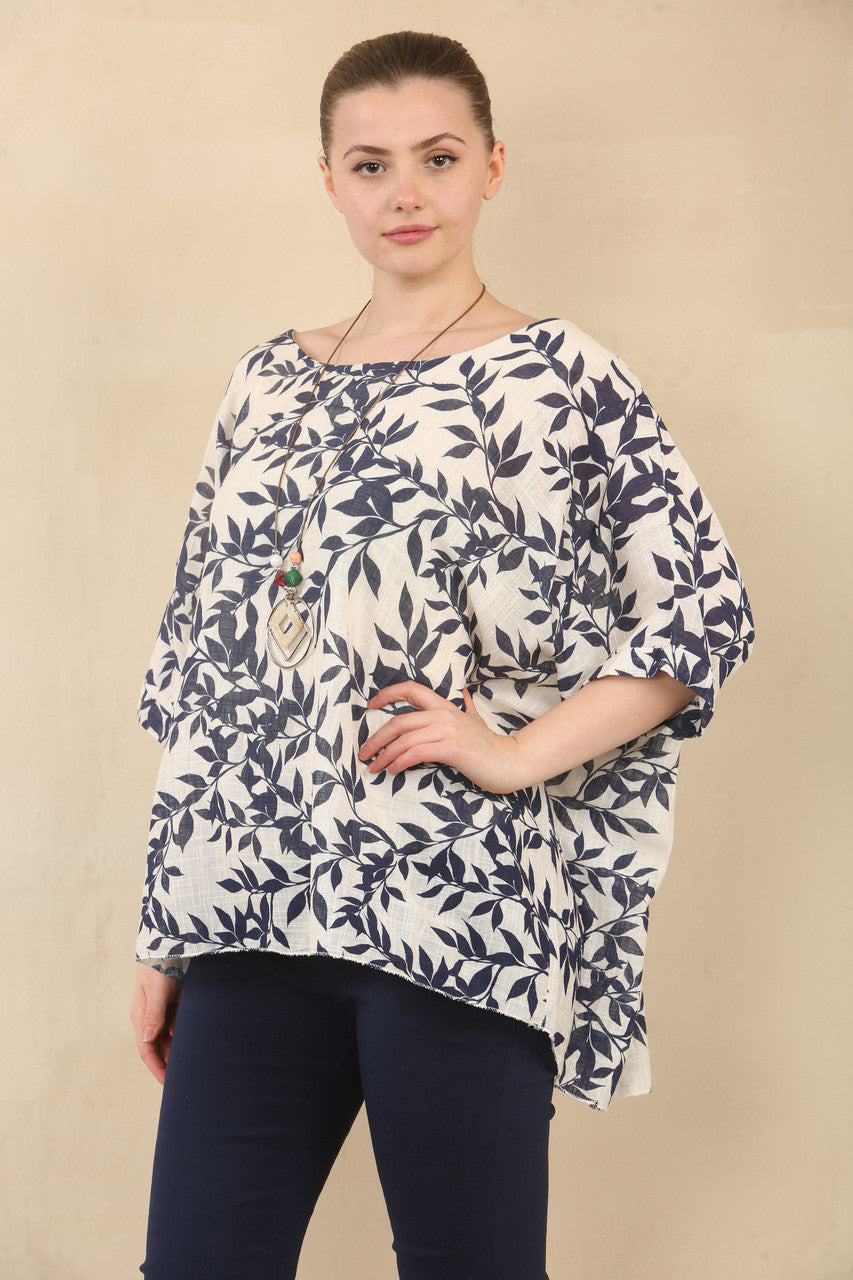 BLADPRINT GETEXTUREERDE VLEERMUIZMOUW TOP MET KETTING - NAVY
