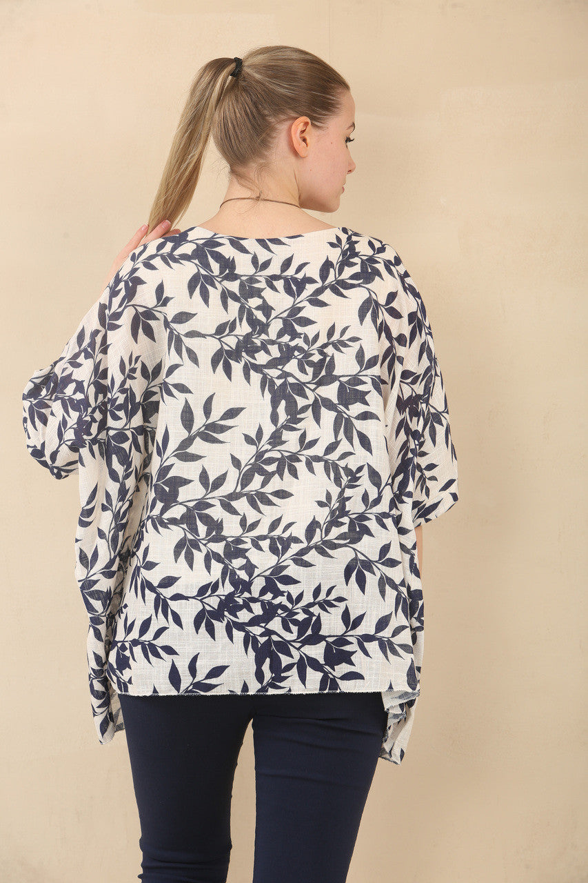 BLADPRINT GETEXTUREERDE VLEERMUIZMOUW TOP MET KETTING - NAVY