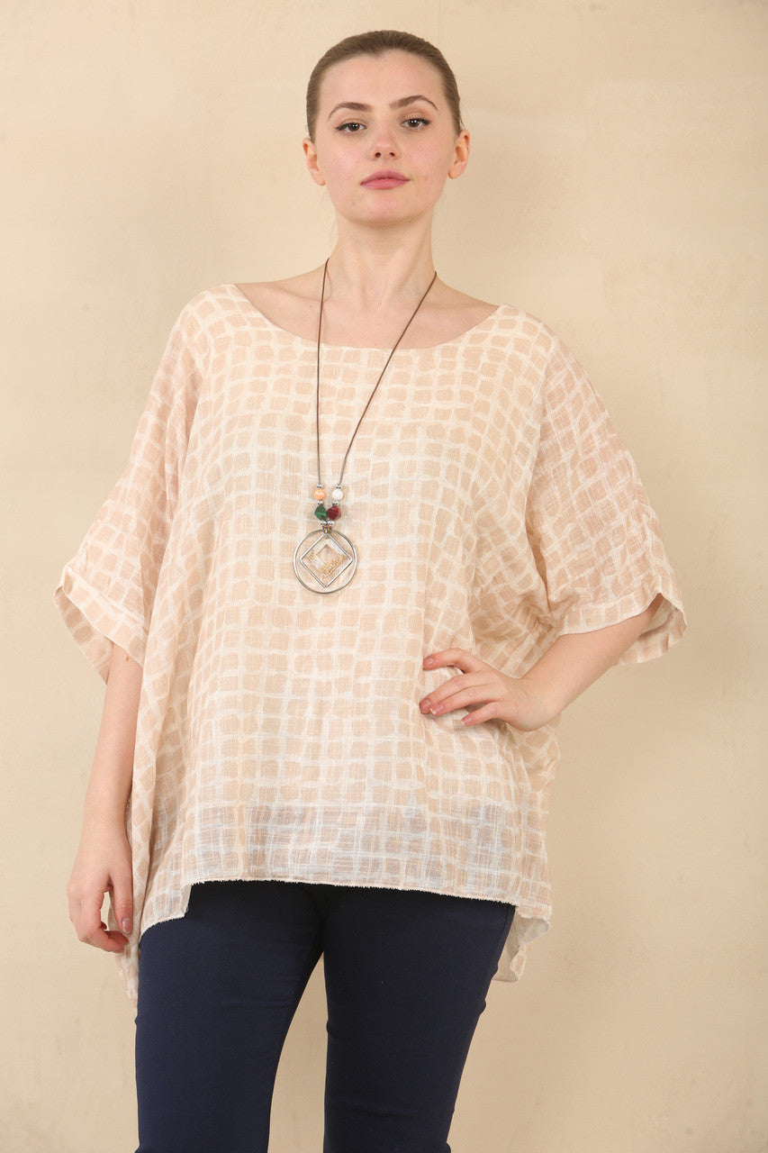 SQUARES PRINT TEXTURED BATWING TOP WITH NECKLACE - STONE