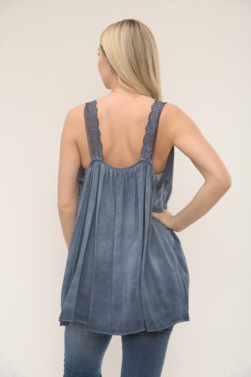 MOUWLOZE KANTEN TOP MET V-HALS - DARK DENIM