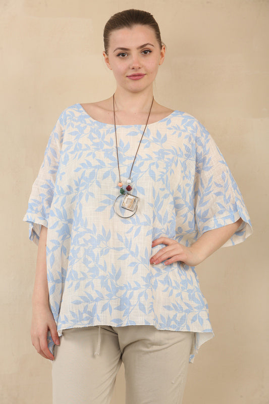 LEAF PRINT TEXTURED BATWING TOP WITH NECKLACE - LIGHT BLUE