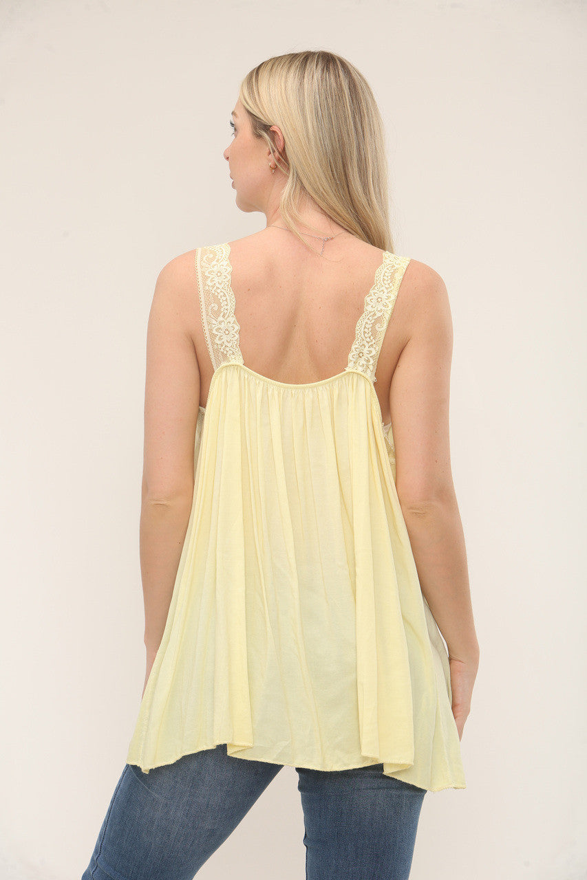 SLEEVELESS LACE TRIP V-NECK TOP - LEMON