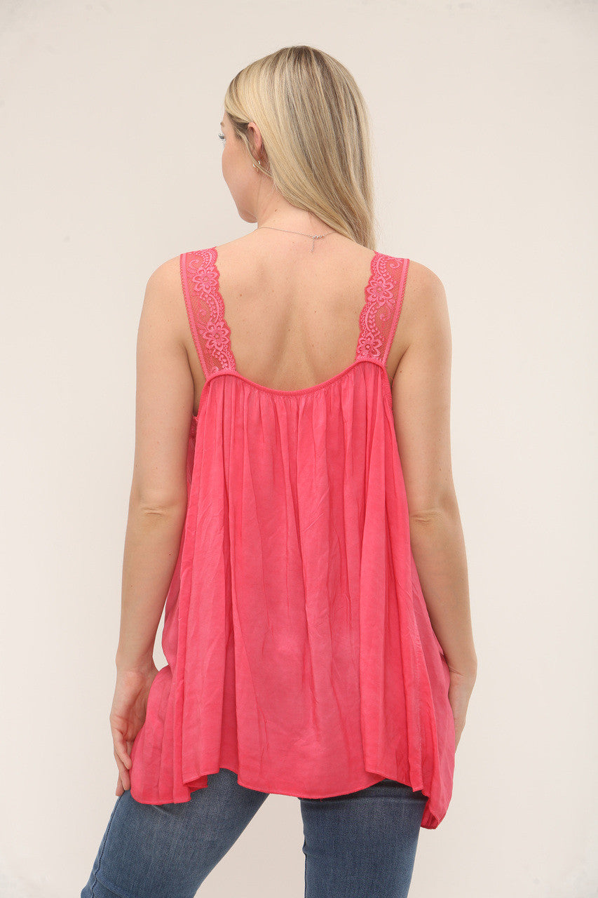 MOUWLOZE KANTEN TOP MET V-HALS - HOT CORAL