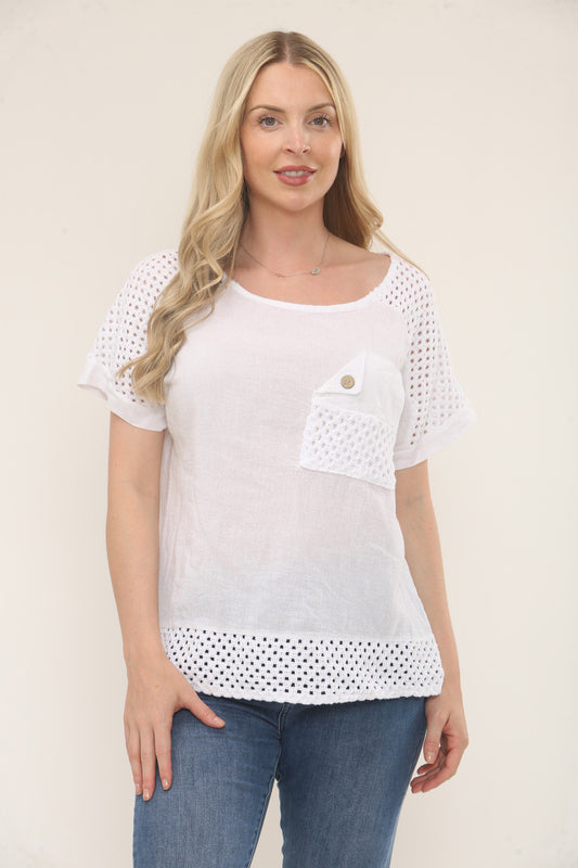 CROCHET DETAIL SHORT SLEEVE TOP - WHITE