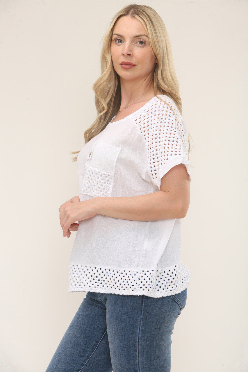 CROCHET DETAIL SHORT SLEEVE TOP - WHITE