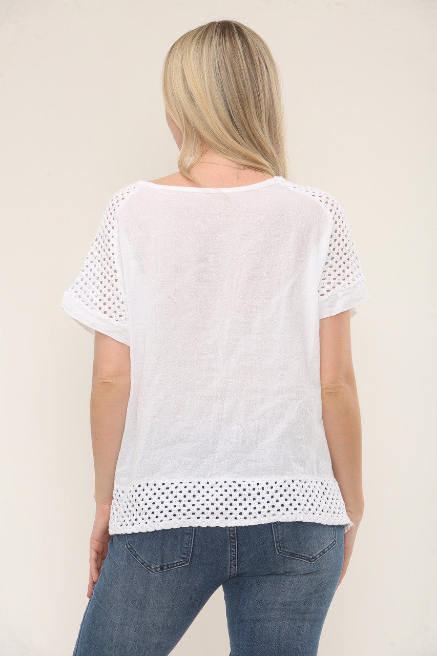 CROCHET DETAIL SHORT SLEEVE TOP - WHITE