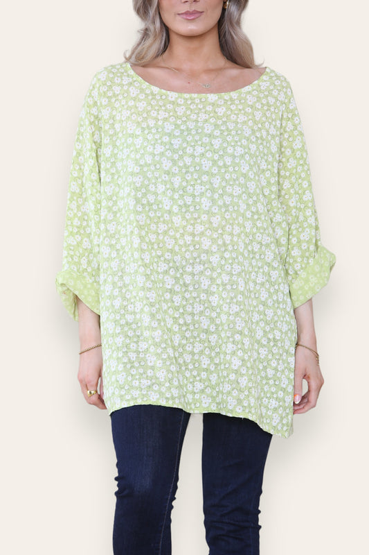 DITSY SWIRL FLORAL PRINT TOP LIME