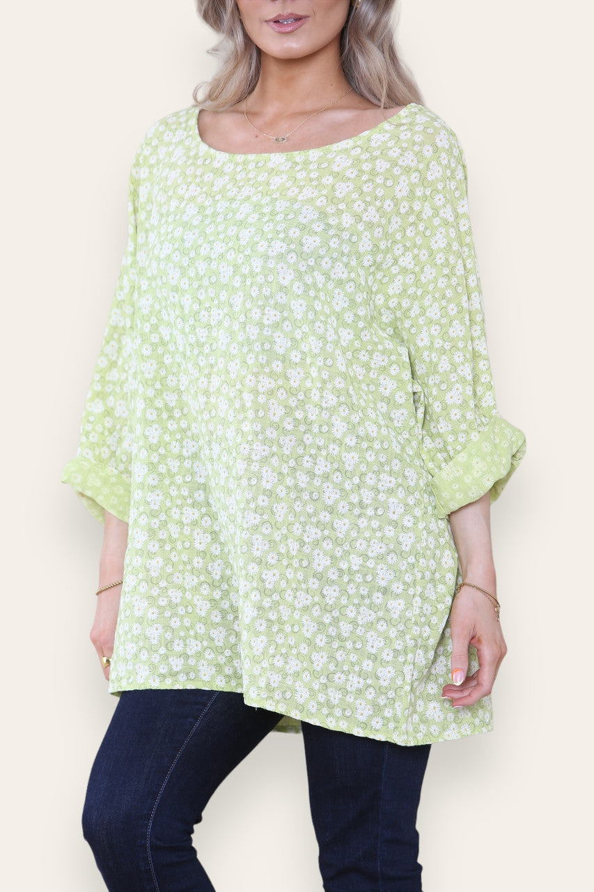 DITSY SWIRL FLORAL PRINT TOP LIME