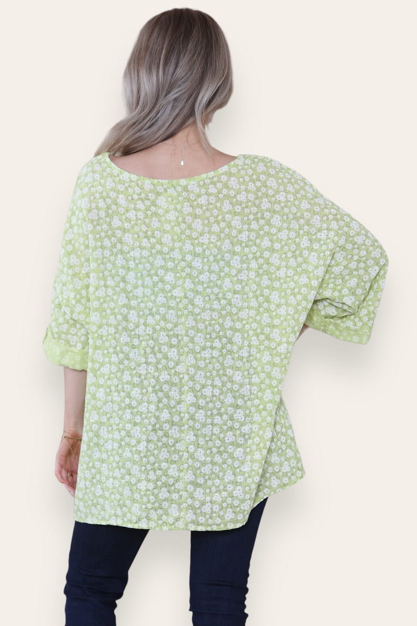 DITSY SWIRL FLORAL PRINT TOP LIME