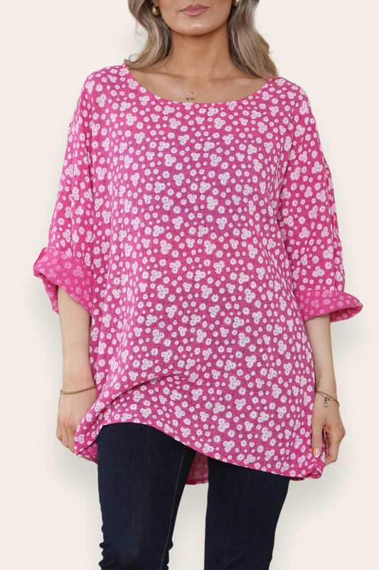 DITSY SWIRL FLORAL PRINT TOP CERISE