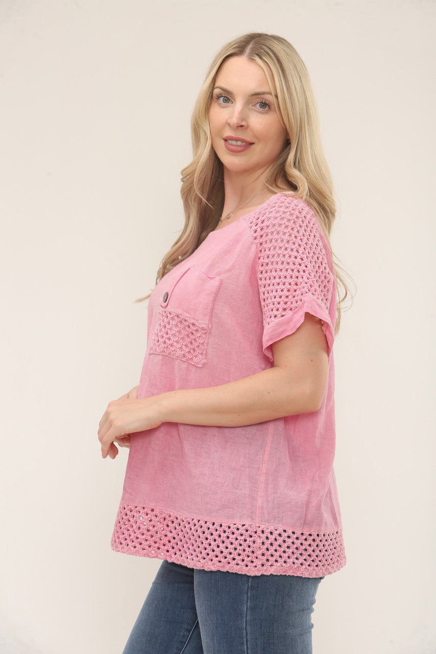 GEHAAKT KORT MOUW TOPJE - ROZE