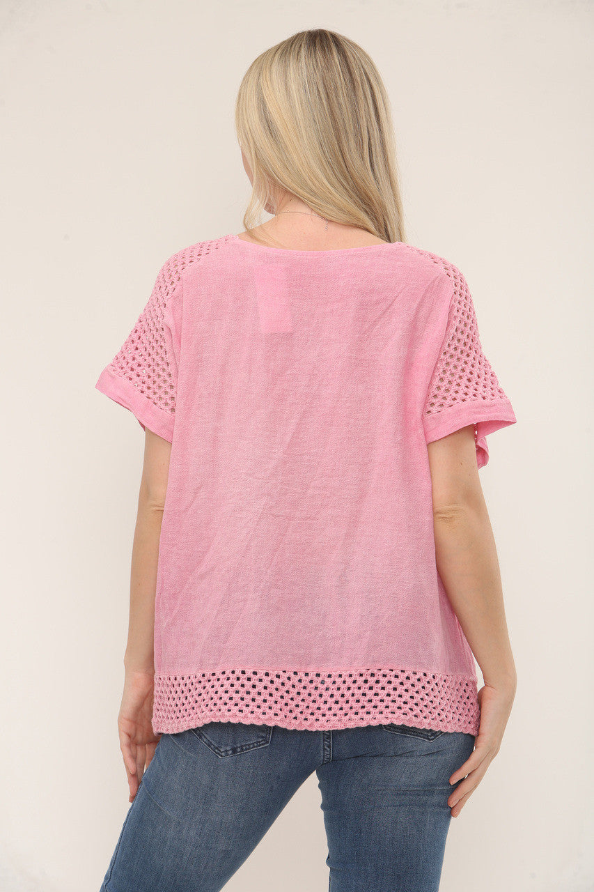 GEHAAKT KORT MOUW TOPJE - ROZE
