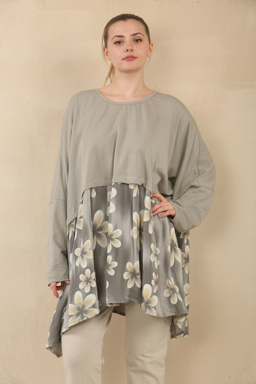 FLORALE PRINT PANEEL VLOTTE TOP - TAUPE