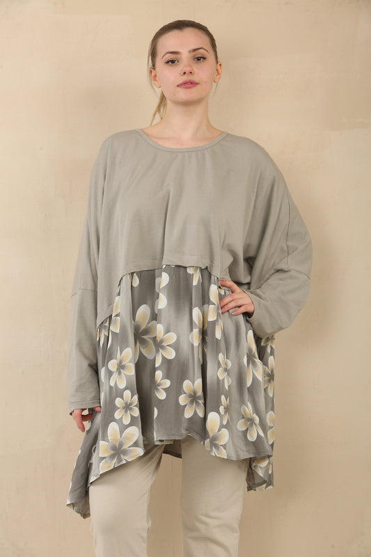 FLORAL PRINT PANEL FLOATY TOP - TAUPE