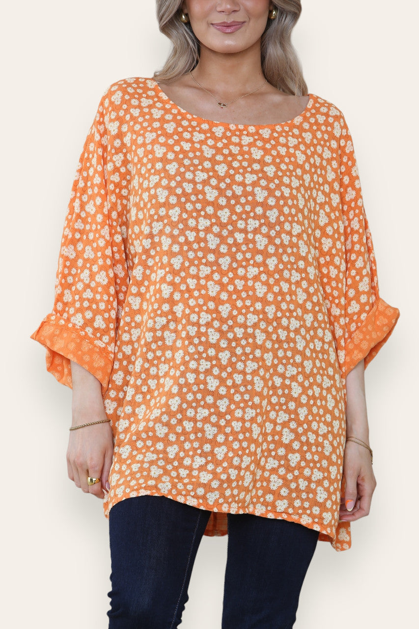 BLOES MET BLOEMENPRINT EN ONREGELMATIG PATROON ORANJE