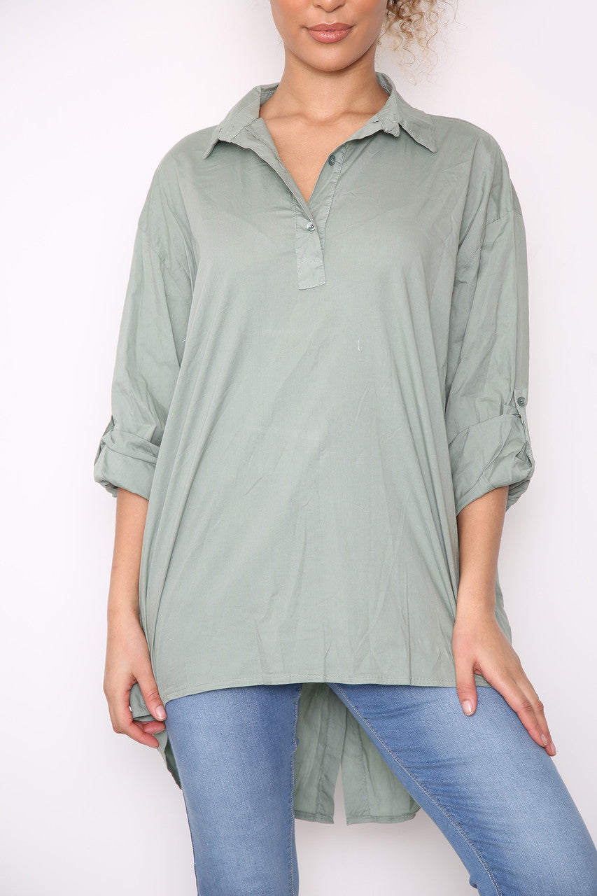 Dames Effen Shirt Top met Verlaagde Zoom Achter Khaki