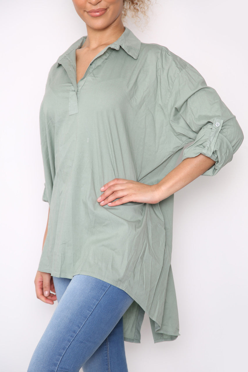 Dames Effen Shirt Top met Verlaagde Zoom Achter Khaki