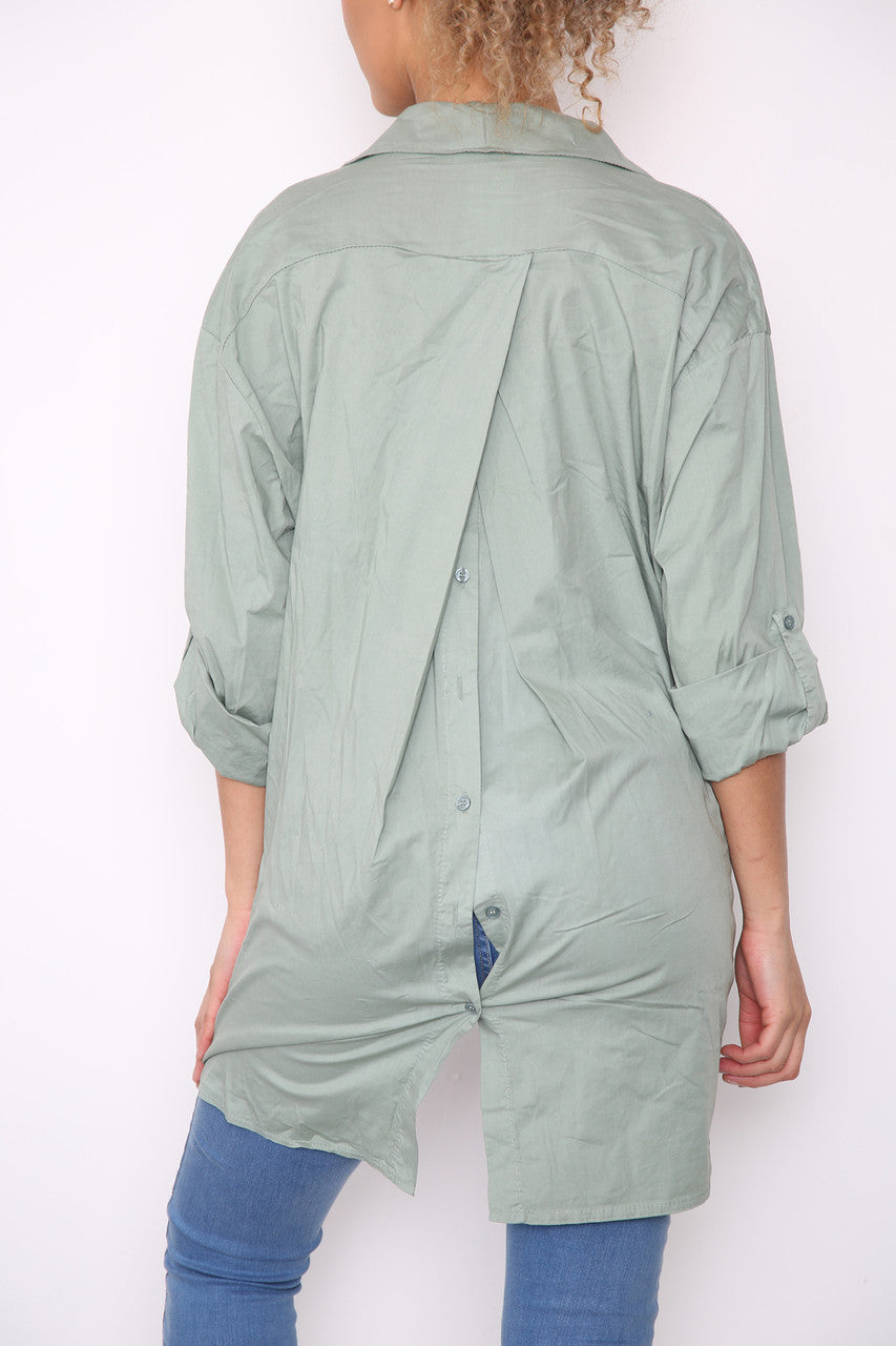 Dames Effen Shirt Top met Verlaagde Zoom Achter Khaki