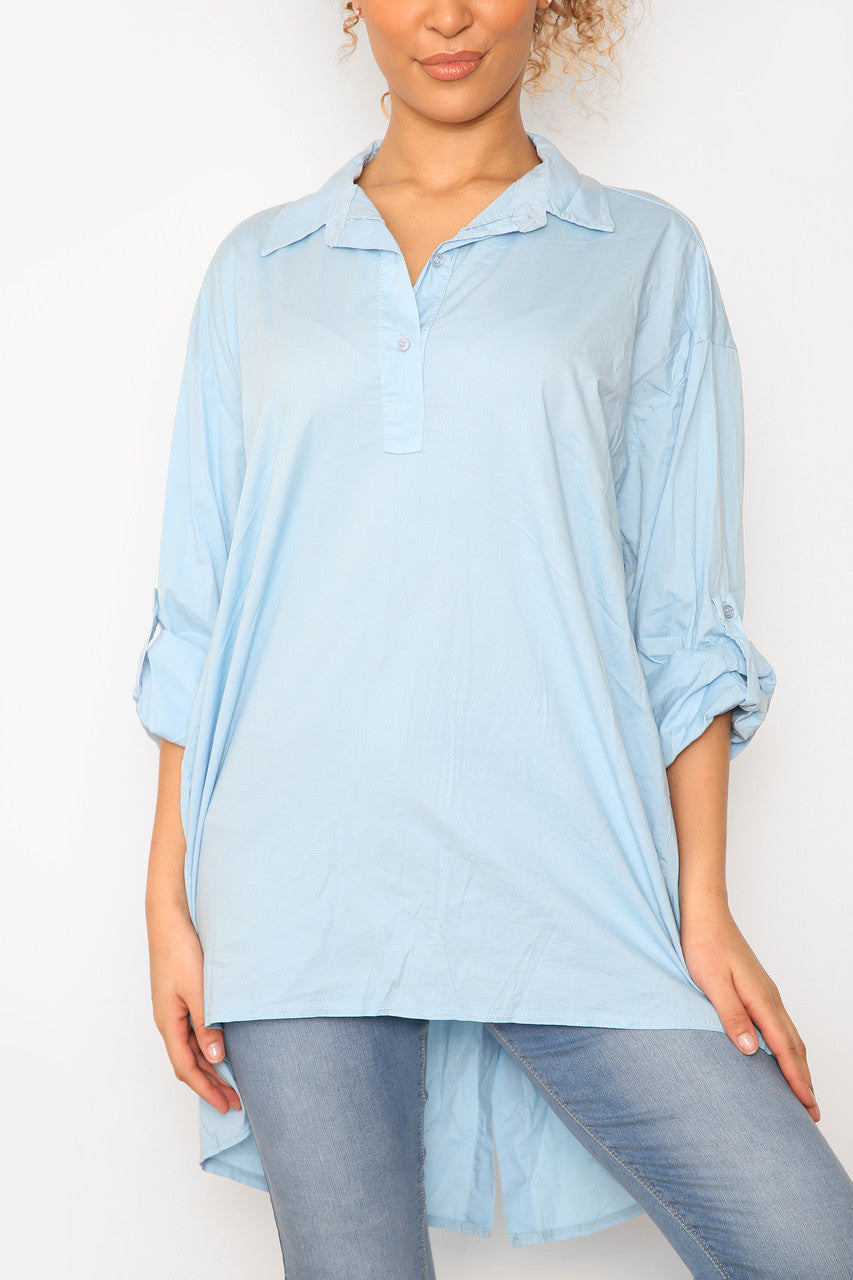 Dames Effen Shirt met Langere Achterkant Hemelsblauw