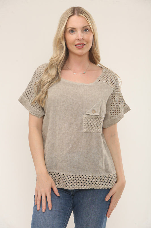 CROCHET DETAIL SHORT SLEEVE TOP - TAUPE
