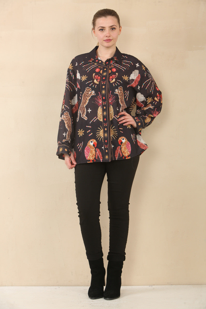 WILD TROPICAL SUNDAZE PRINT SHIRT BLOUSE TOP - BLACK