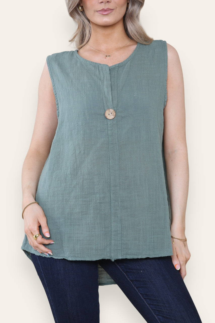 OPA KRAAG KNOP HALS MOUWLOZE VEST TOP KHAKI