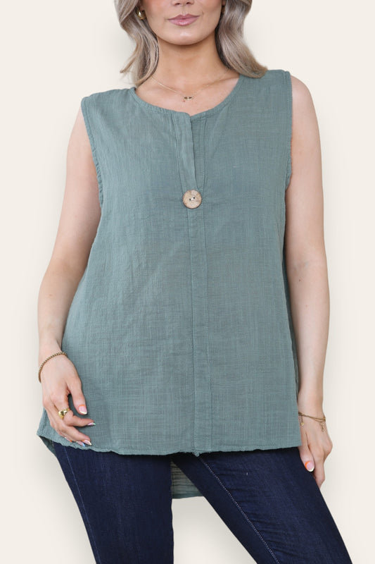 GRANDAD COLLAR BUTTON NECK SLEEVELESS VEST TOP KHAKI