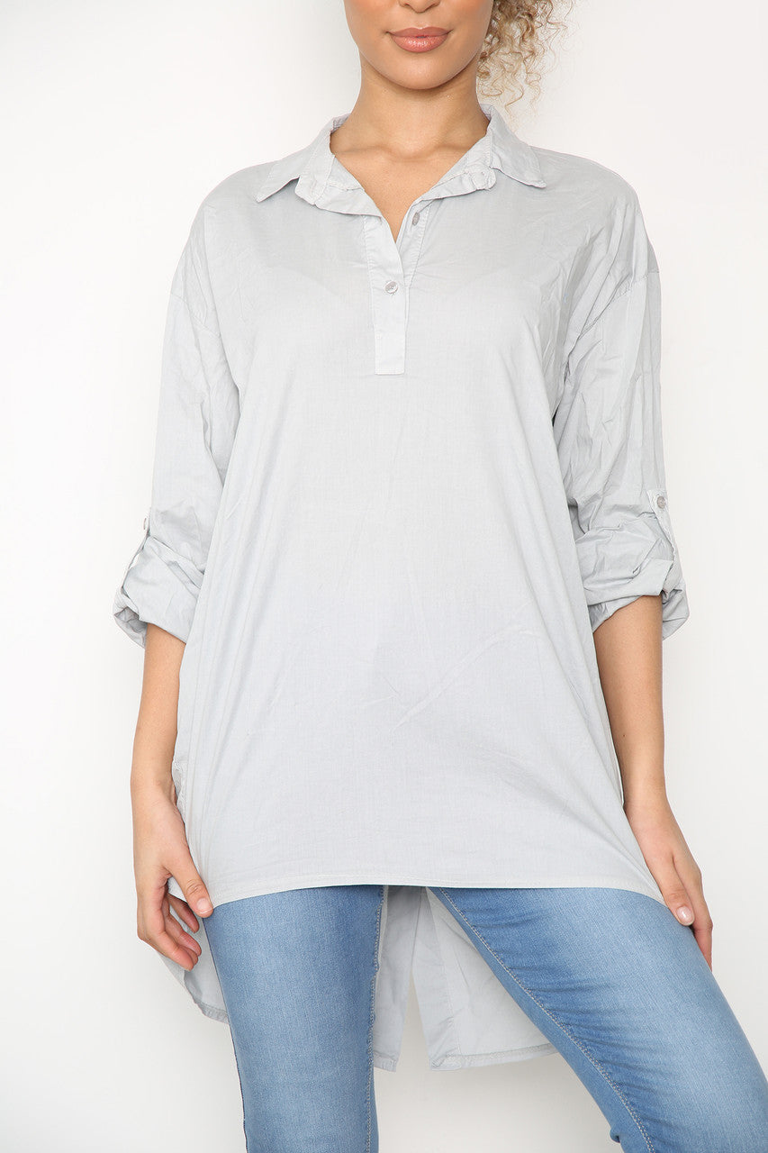 Ladies Plain Drop Hem Back Shirt Top Silver