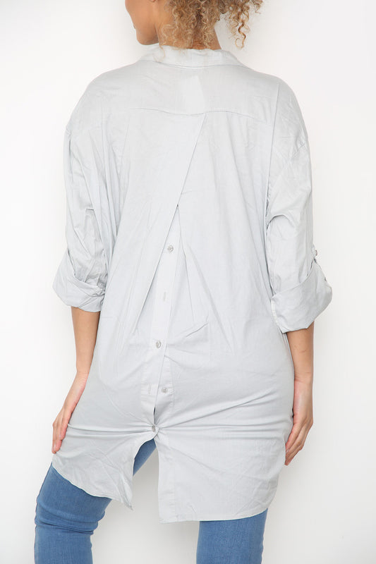 Ladies Plain Drop Hem Back Shirt Top Silver