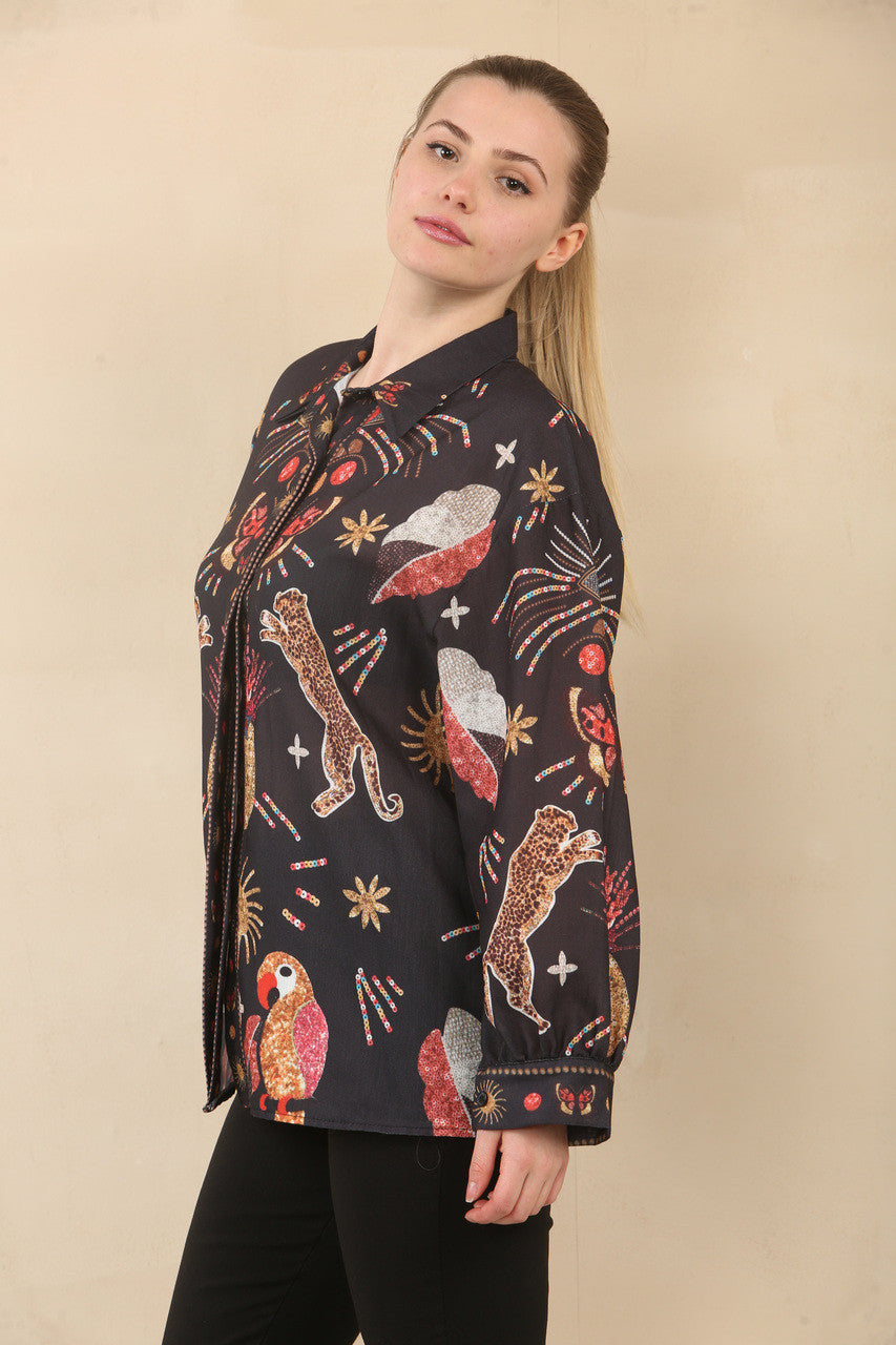 WILD TROPICAL SUNDAZE PRINT SHIRT BLOUSE TOP - BLACK