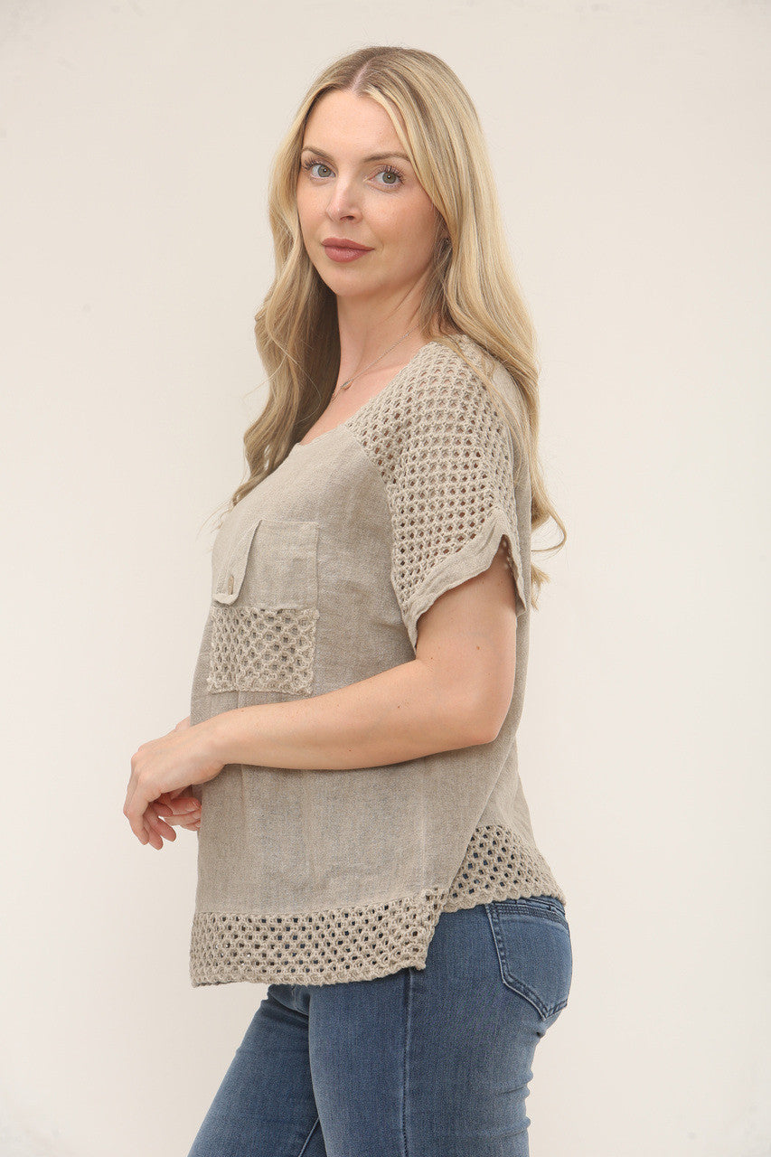 GEHAAKTE TOP MET KORTE MOUWEN - TAUPE