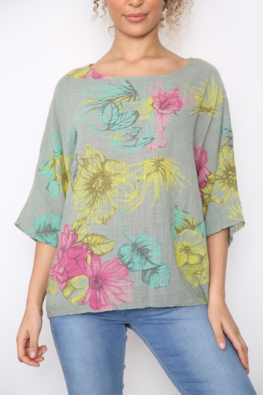Dames Top met Kleurrijke Bloemenprint Khaki