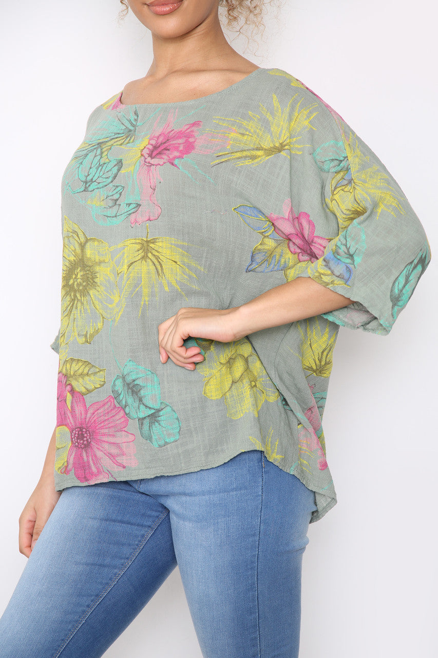 Dames Top met Kleurrijke Bloemenprint Khaki