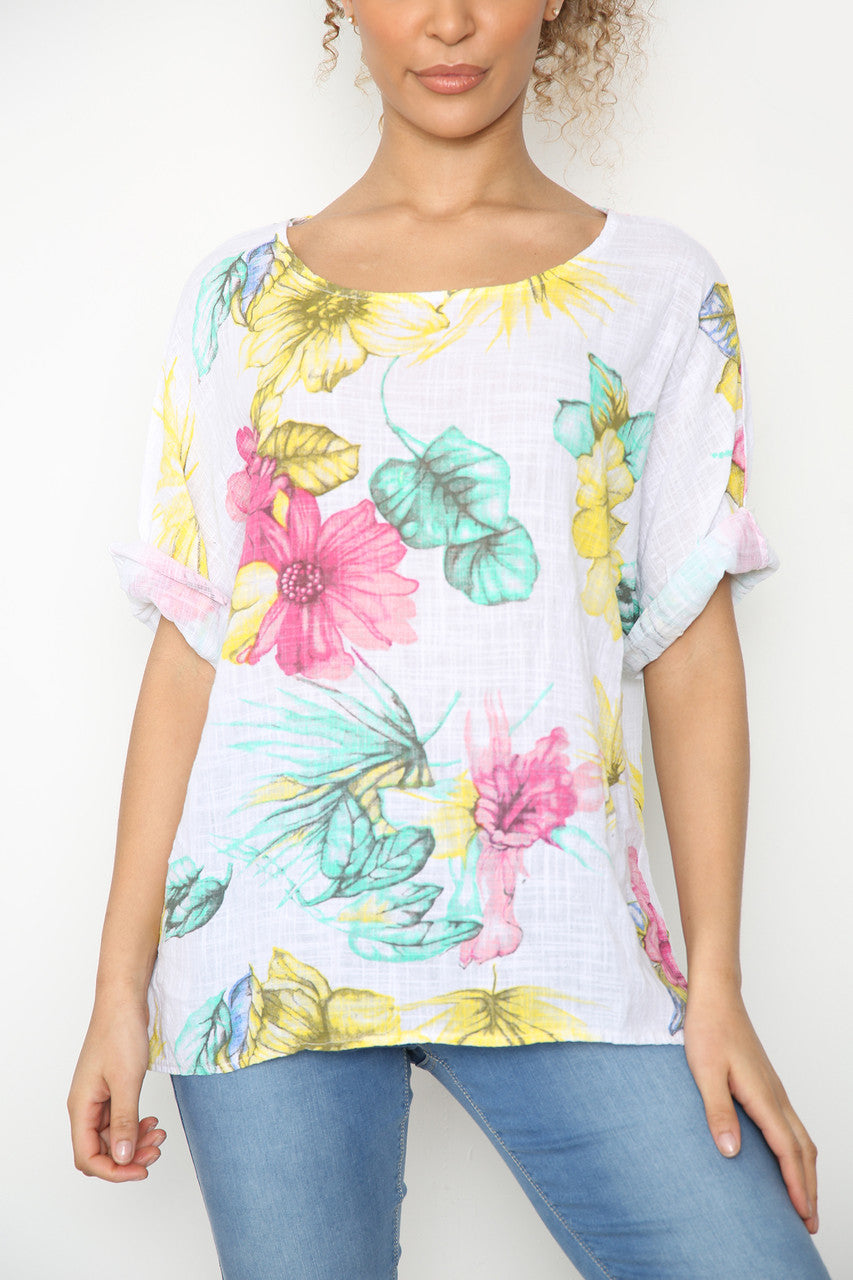 Ladies Colourful Flowers Sketch Print Top White