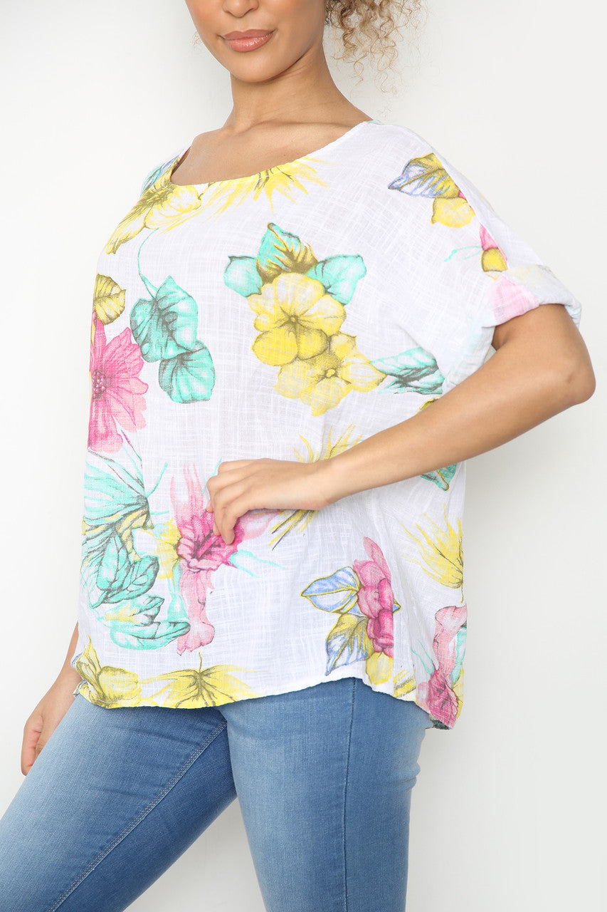 Ladies Colourful Flowers Sketch Print Top White