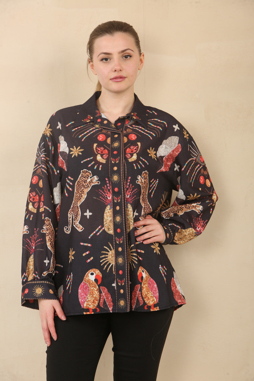 WILD TROPICAL SUNDAZE PRINT SHIRT BLOUSE TOP - BLACK