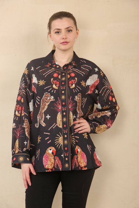 TOP MET BLOUSE EN PRINT WILD TROPICAL SUNDAZE - ZWART