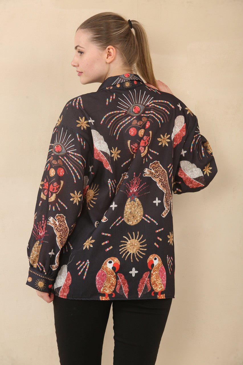 WILD TROPICAL SUNDAZE PRINT SHIRT BLOUSE TOP - BLACK