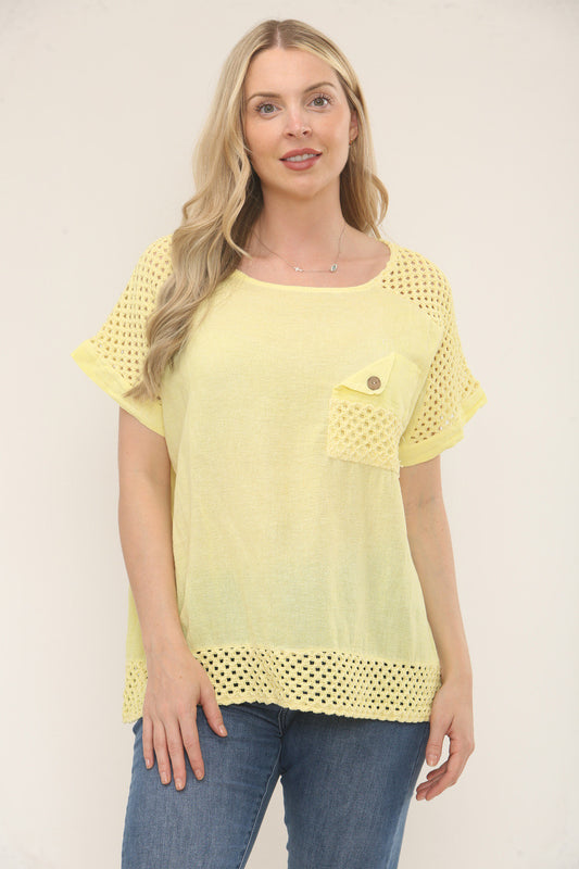 CROCHET DETAIL SHORT SLEEVE TOP - LEMON