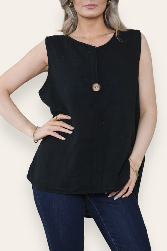 GRANDAD COLLAR BUTTON NECK SLEEVELESS VEST TOP BLACK