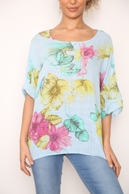 Ladies Colourful Flowers Sketch Print Top Sky Blue