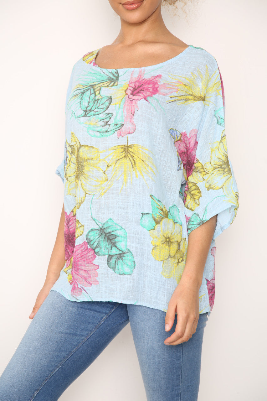 Ladies Colourful Flowers Sketch Print Top Sky Blue