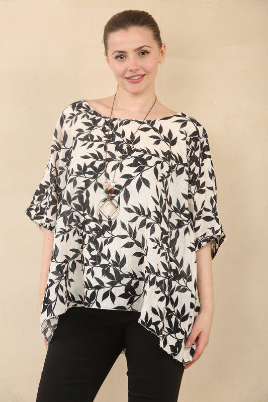 LEAF PRINT TEXTURED BATWING TOP WITH NECKLACE - BLACK