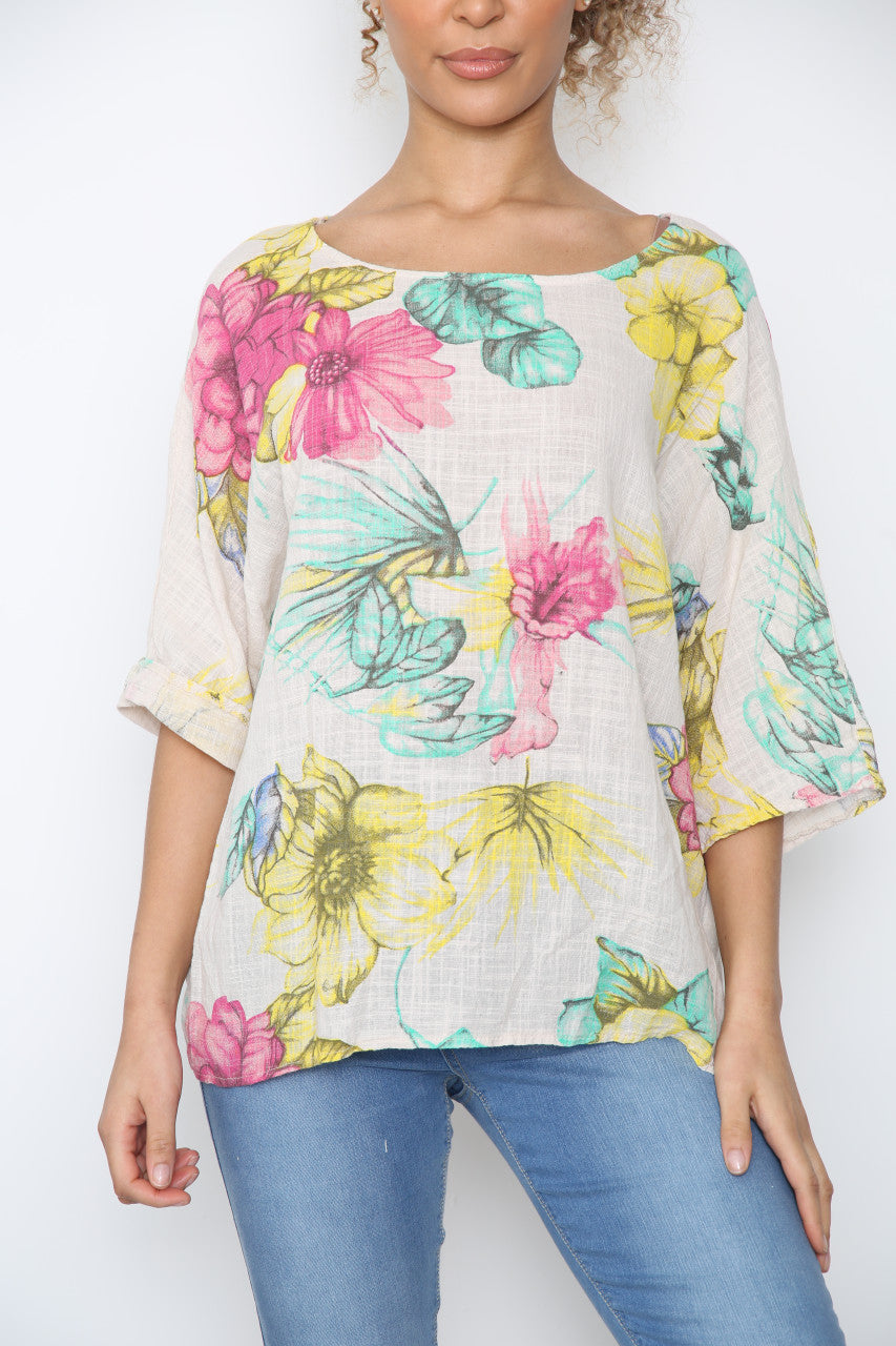 Ladies Colourful Flowers Sketch Print Top Stone