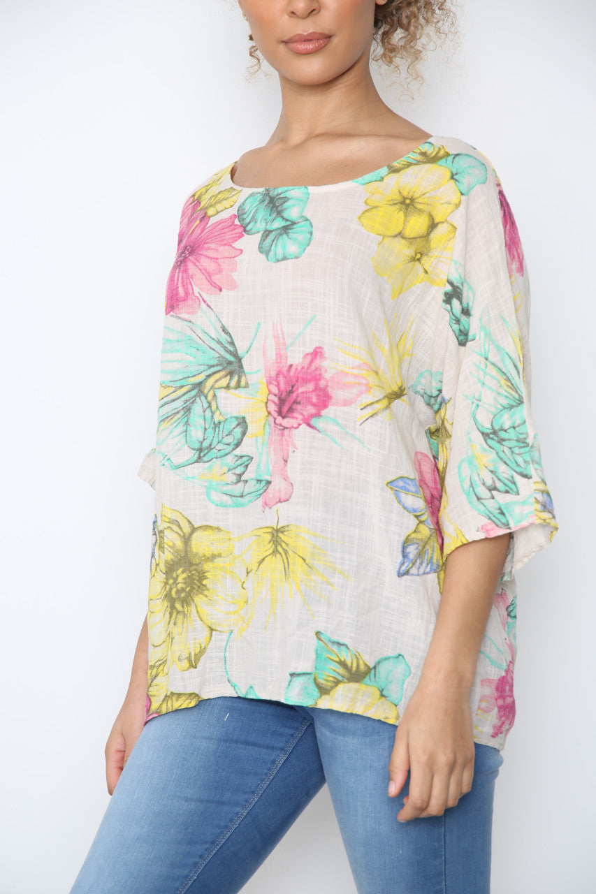 Ladies Colourful Flowers Sketch Print Top Stone