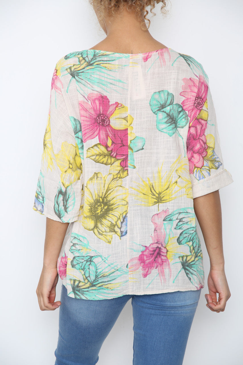 Ladies Colourful Flowers Sketch Print Top Stone