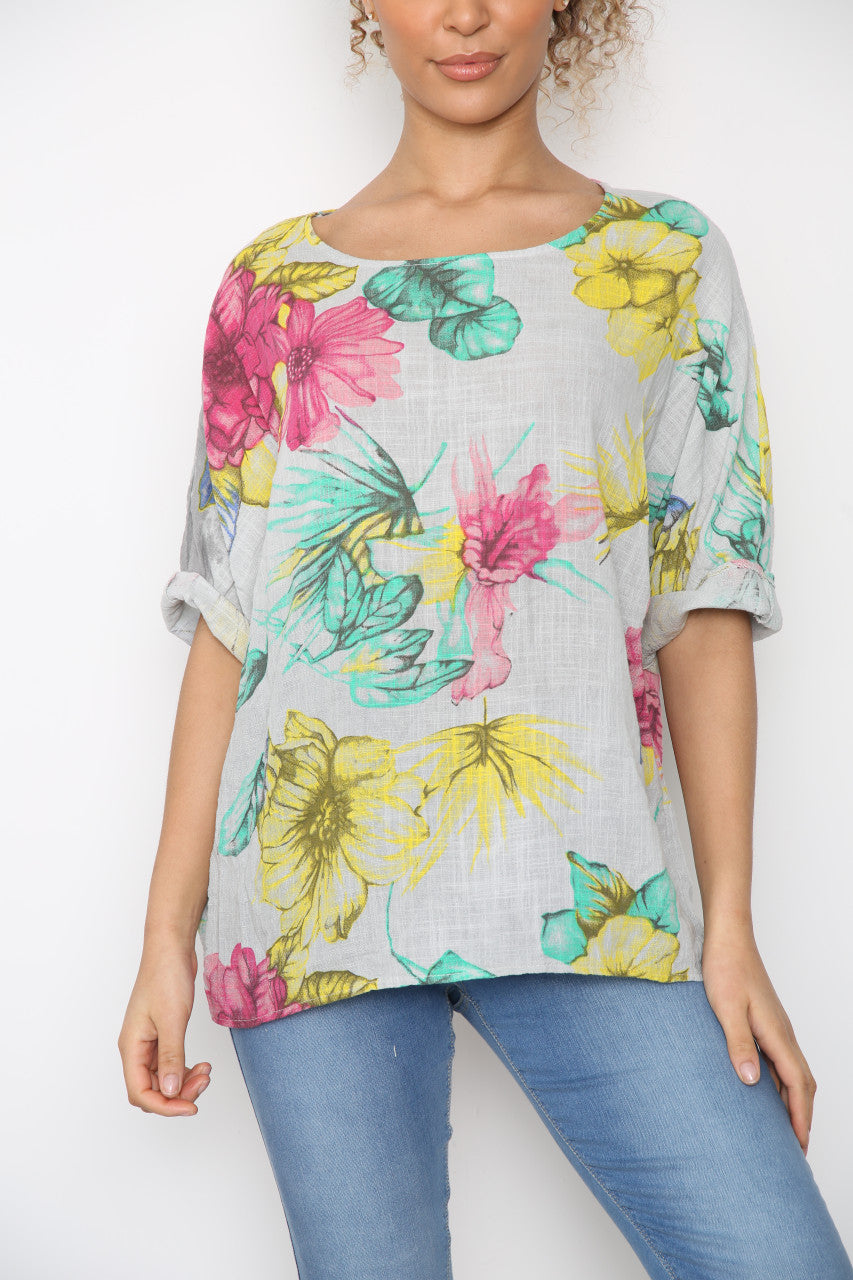 Dames Top met Kleurrijke Bloemenprint Zilver